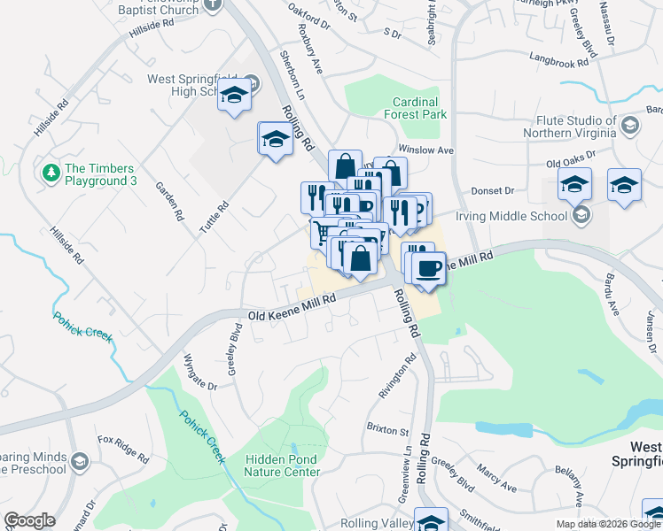 map of restaurants, bars, coffee shops, grocery stores, and more near 8426 Old Keene Mill Road in West Springfield