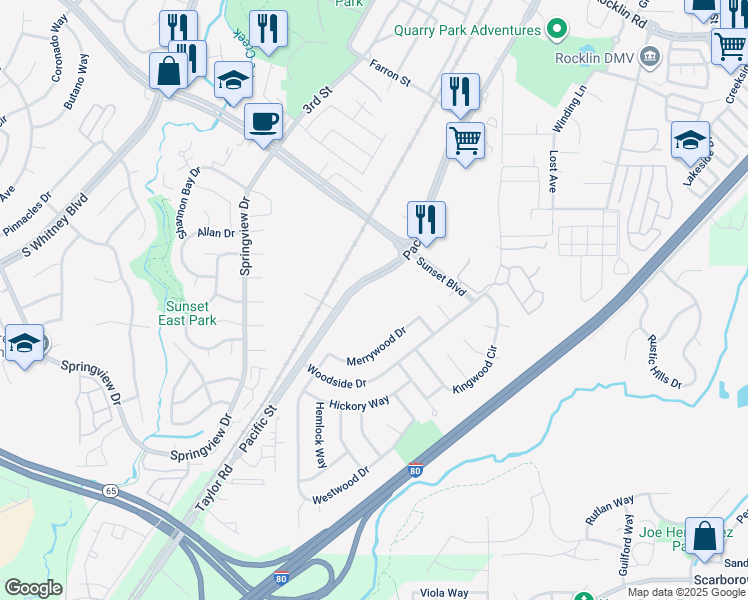 map of restaurants, bars, coffee shops, grocery stores, and more near 6029 Pacific Street in Rocklin