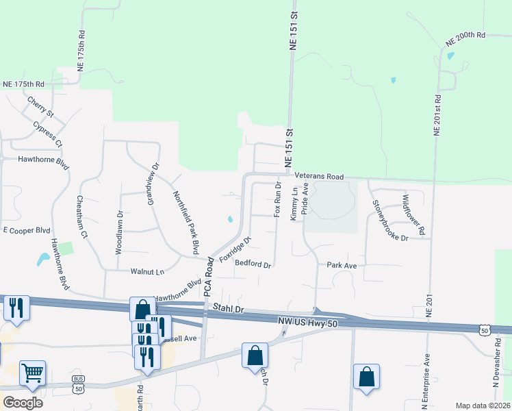 map of restaurants, bars, coffee shops, grocery stores, and more near 1201 Foxridge Drive in Warrensburg