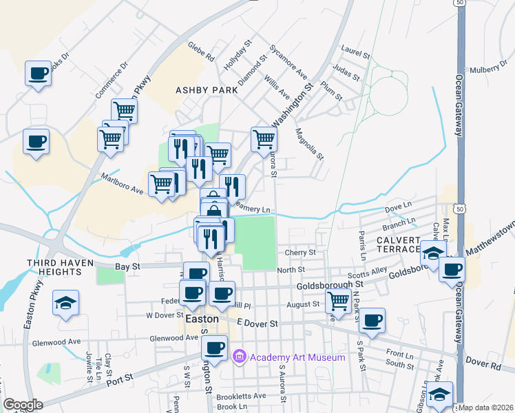 map of restaurants, bars, coffee shops, grocery stores, and more near 23 Creamery Lane in Easton