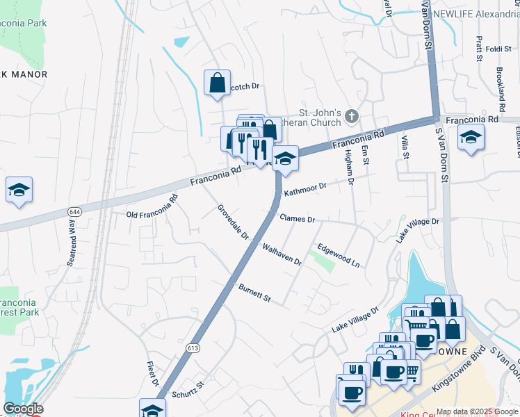 map of restaurants, bars, coffee shops, grocery stores, and more near 6420 Beulah Street in Alexandria