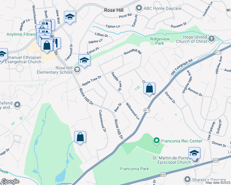 map of restaurants, bars, coffee shops, grocery stores, and more near 6318 Willowood Lane in Alexandria