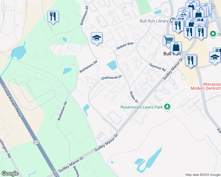 map of restaurants, bars, coffee shops, grocery stores, and more near 11188 Rienzi Place in Manassas