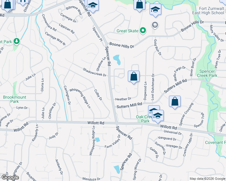 map of restaurants, bars, coffee shops, grocery stores, and more near 117 Long and Winding Road in St. Peters