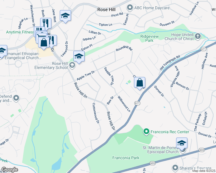 map of restaurants, bars, coffee shops, grocery stores, and more near 6318 Willowood Lane in Alexandria