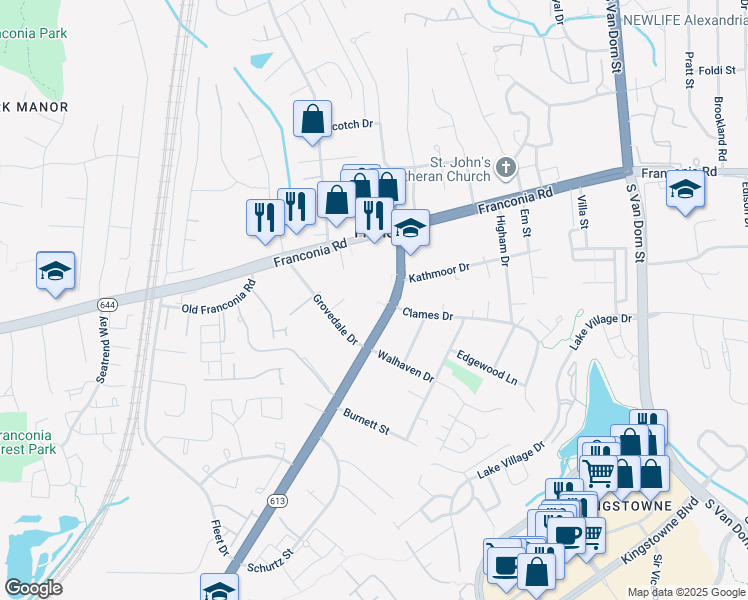 map of restaurants, bars, coffee shops, grocery stores, and more near 6420 Beulah Street in Alexandria