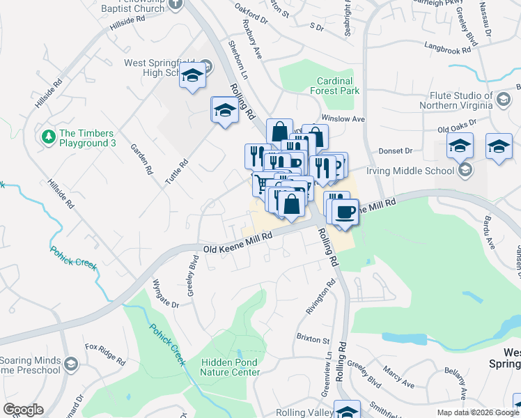 map of restaurants, bars, coffee shops, grocery stores, and more near 8430 Old Keene Mill Road in Springfield