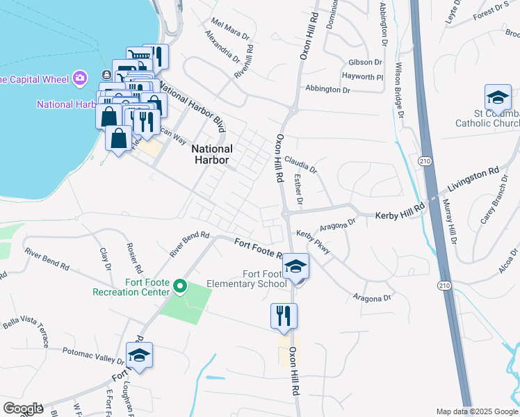 map of restaurants, bars, coffee shops, grocery stores, and more near Fair Winds Way in Fort Washington