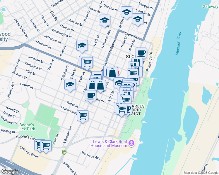 map of restaurants, bars, coffee shops, grocery stores, and more near 320 Jackson Street in Saint Charles