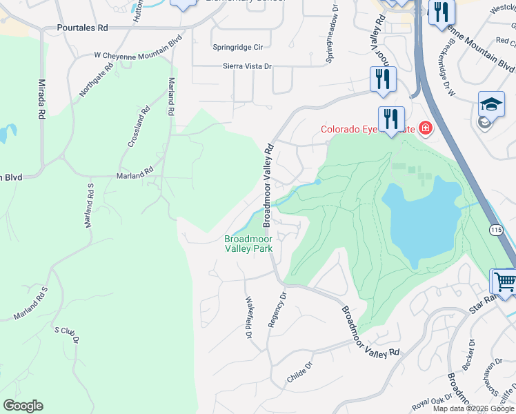 map of restaurants, bars, coffee shops, grocery stores, and more near 305 Hidden Creek Drive in Colorado Springs