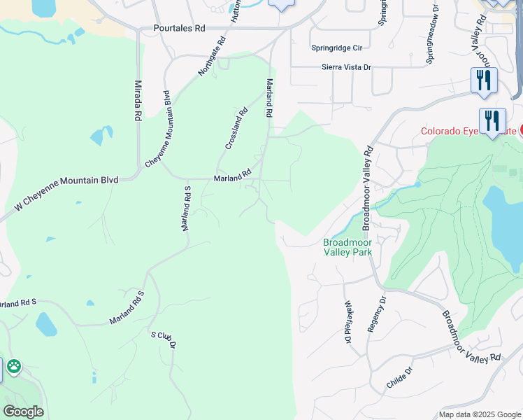 map of restaurants, bars, coffee shops, grocery stores, and more near 52 Marland Road in Colorado Springs