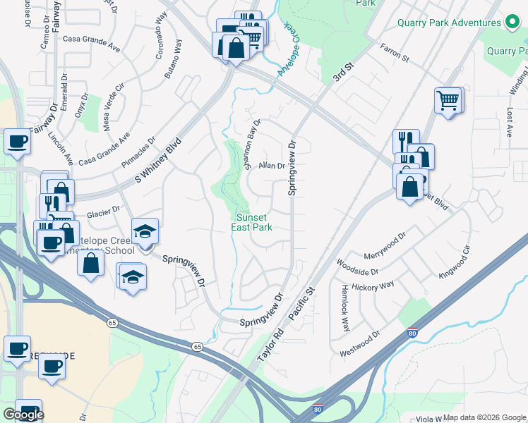 map of restaurants, bars, coffee shops, grocery stores, and more near 5948 Willowynd Drive in Rocklin