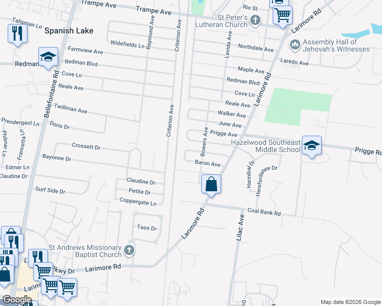 map of restaurants, bars, coffee shops, grocery stores, and more near 1213 Baron Avenue in St. Louis