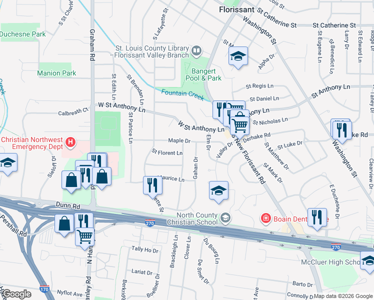 map of restaurants, bars, coffee shops, grocery stores, and more near 1150 Saint Bernadette Lane in Florissant