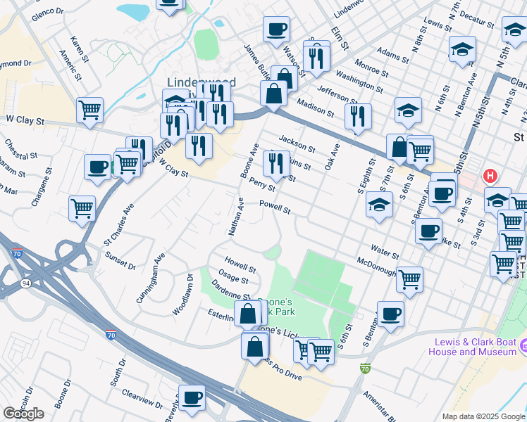 map of restaurants, bars, coffee shops, grocery stores, and more near 815 Forest Avenue in Saint Charles