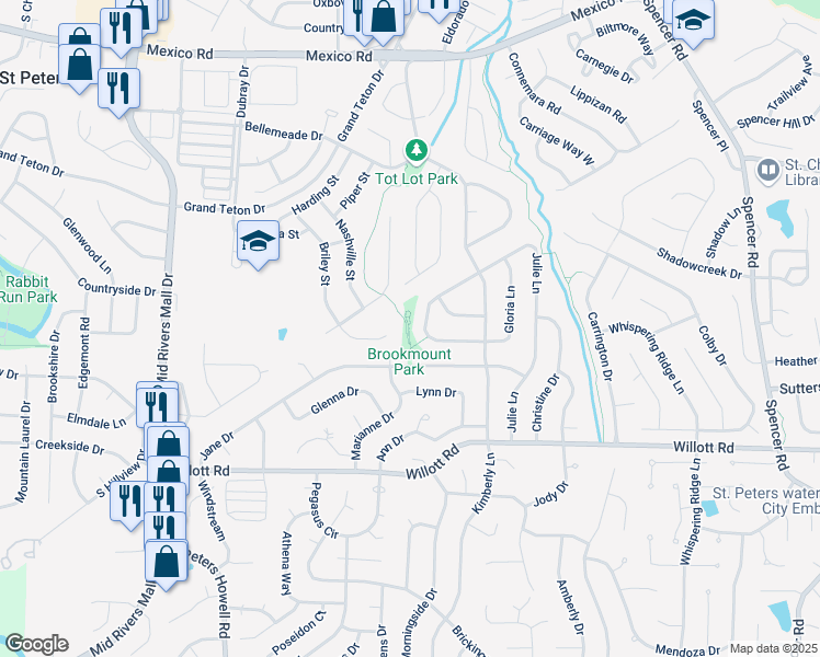 map of restaurants, bars, coffee shops, grocery stores, and more near 1 Julie Lane in St. Peters