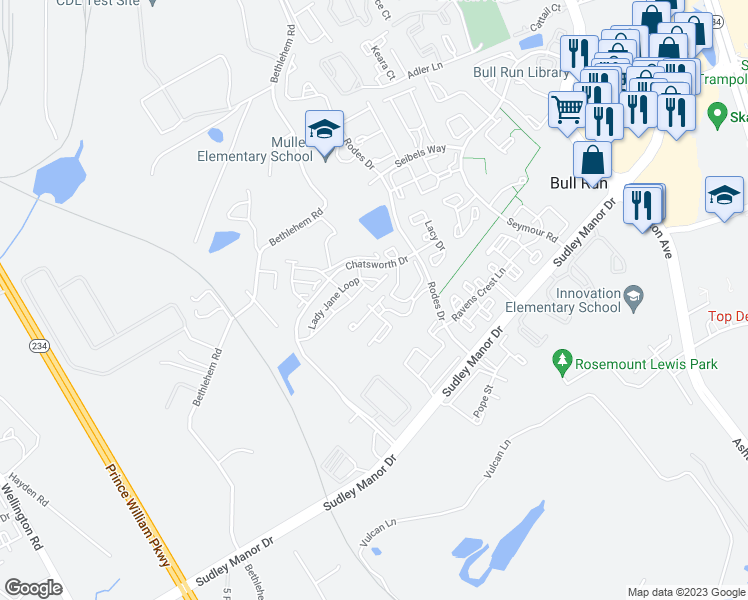 map of restaurants, bars, coffee shops, grocery stores, and more near 11188 Rienzi Place in Manassas