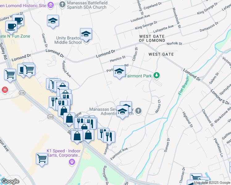 map of restaurants, bars, coffee shops, grocery stores, and more near 8045 Community Drive in Manassas