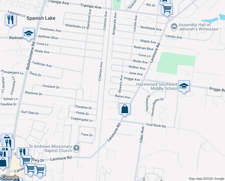 map of restaurants, bars, coffee shops, grocery stores, and more near 1213 Baron Avenue in St. Louis