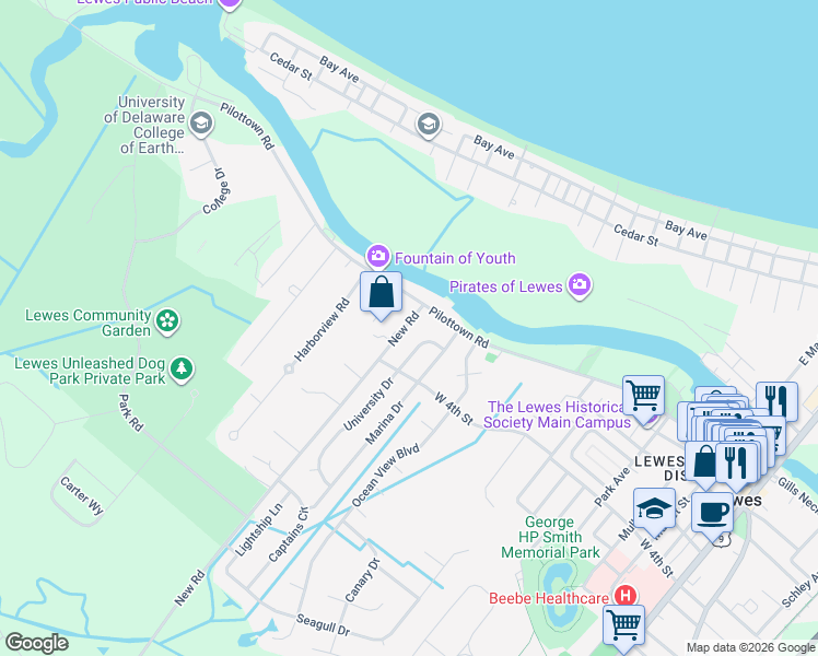 map of restaurants, bars, coffee shops, grocery stores, and more near 104 University Drive in Lewes