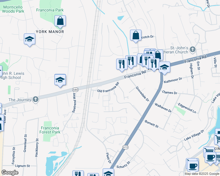 map of restaurants, bars, coffee shops, grocery stores, and more near 6062 Franconia Road in Alexandria