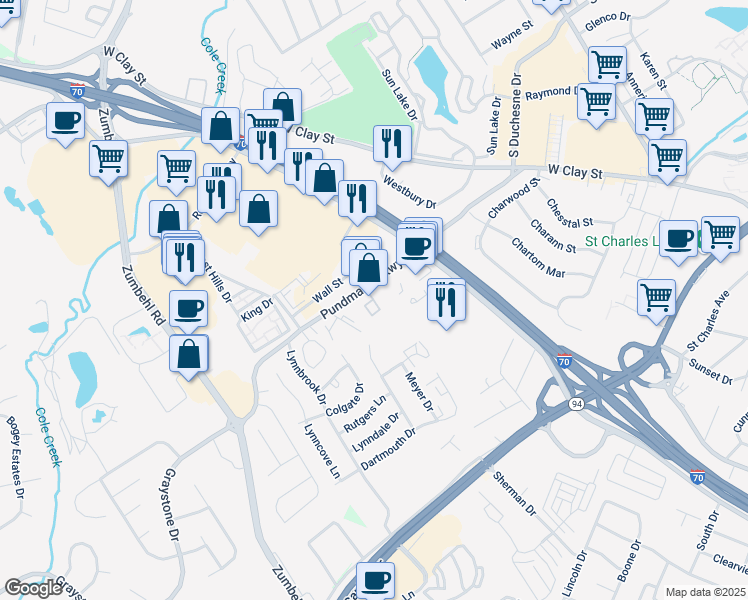 map of restaurants, bars, coffee shops, grocery stores, and more near Hawks Nest Plaza in St. Charles