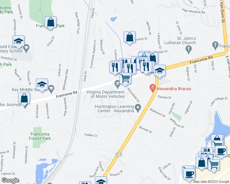 map of restaurants, bars, coffee shops, grocery stores, and more near 6315 Franconia Commons Drive in Alexandria