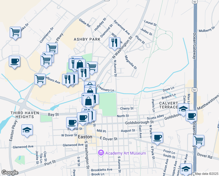 map of restaurants, bars, coffee shops, grocery stores, and more near 23 Creamery Lane in Easton