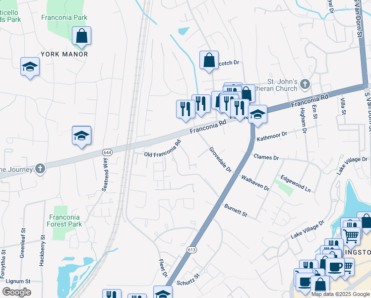 map of restaurants, bars, coffee shops, grocery stores, and more near 6315 Franconia Commons Drive in Alexandria