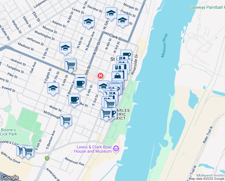 map of restaurants, bars, coffee shops, grocery stores, and more near 115 1st Capitol Drive in Saint Charles