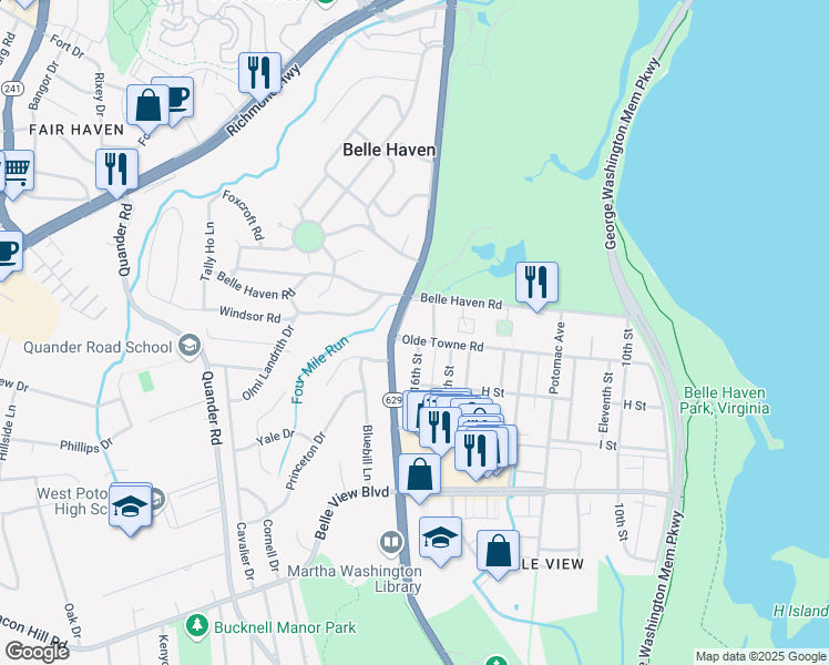 map of restaurants, bars, coffee shops, grocery stores, and more near 1734 Olde Towne Road in Alexandria