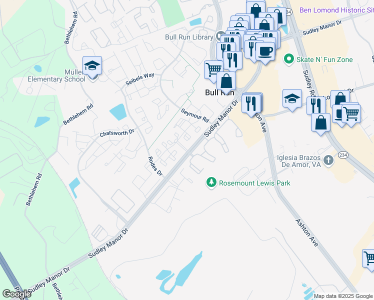map of restaurants, bars, coffee shops, grocery stores, and more near 8101 Ravens Crest Court in Manassas