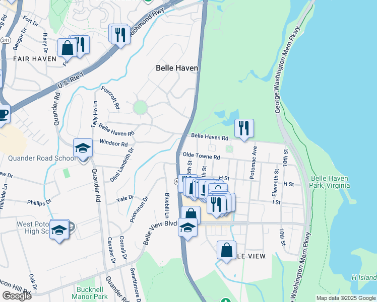 map of restaurants, bars, coffee shops, grocery stores, and more near 1734 Olde Towne Road in Alexandria