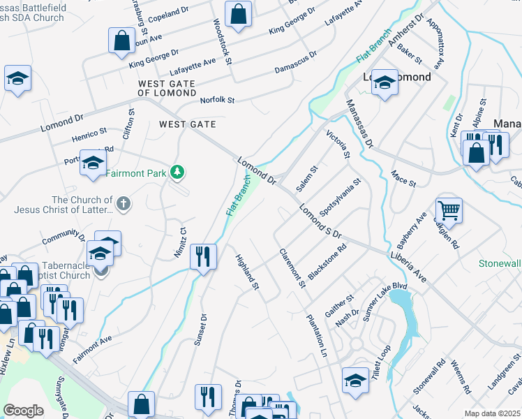 map of restaurants, bars, coffee shops, grocery stores, and more near 8215 Sunset Drive in Manassas