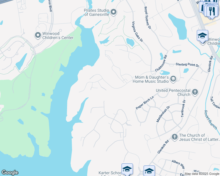 map of restaurants, bars, coffee shops, grocery stores, and more near 14413 Clubhouse Road in Gainesville