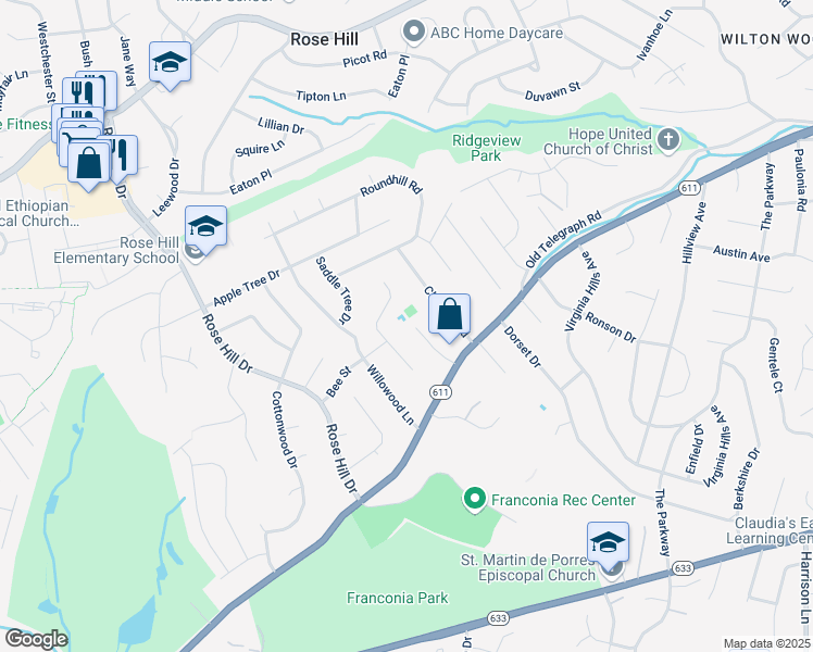 map of restaurants, bars, coffee shops, grocery stores, and more near 6400 Highland Drive in Alexandria