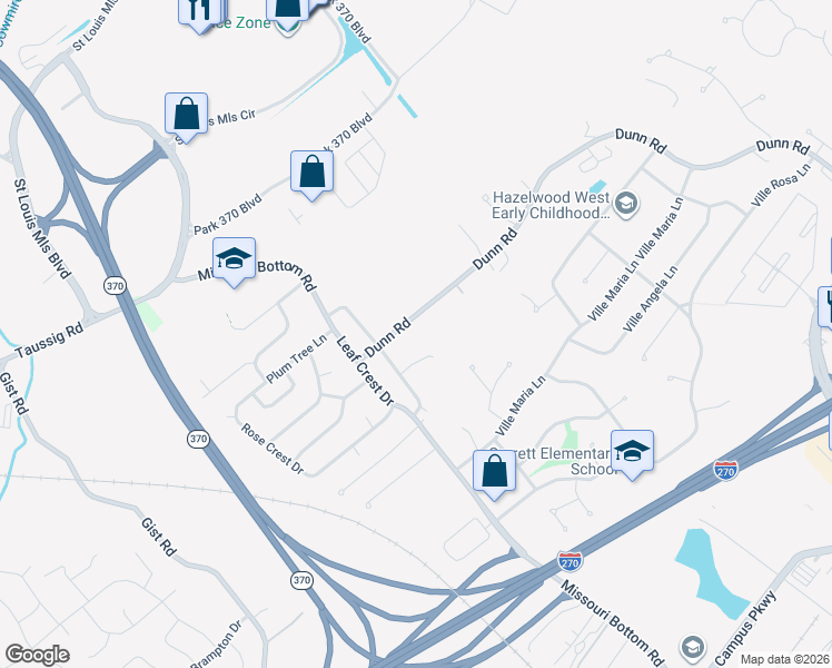 map of restaurants, bars, coffee shops, grocery stores, and more near 1703 Victoria Circle Court in Hazelwood
