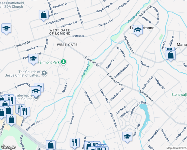 map of restaurants, bars, coffee shops, grocery stores, and more near 8215 Sunset Drive in Manassas