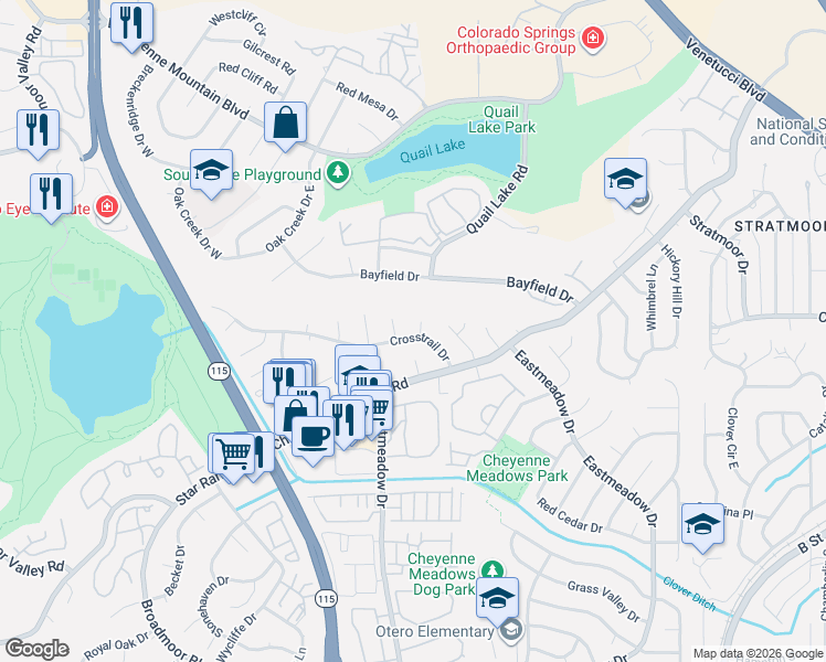 map of restaurants, bars, coffee shops, grocery stores, and more near 1025 Crosstrail Drive in Colorado Springs