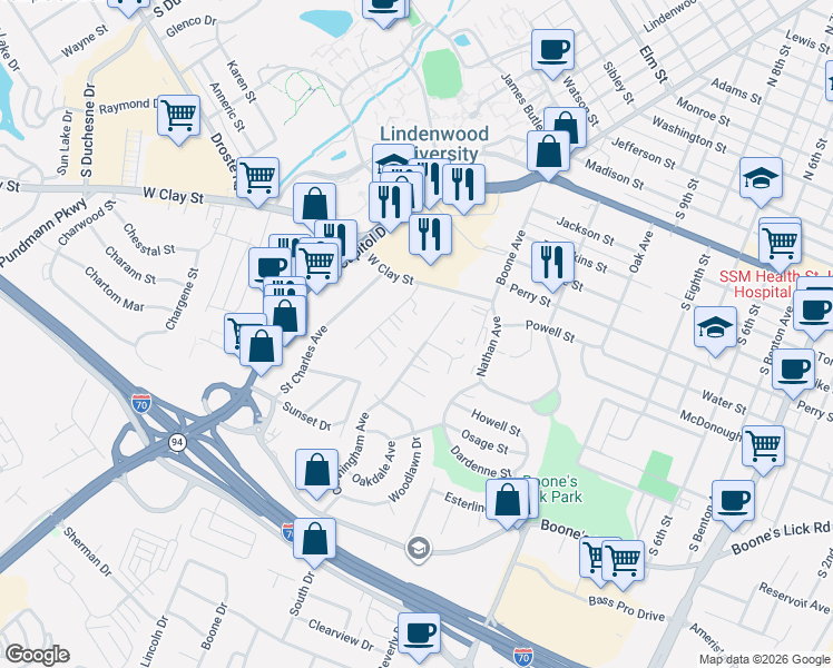 map of restaurants, bars, coffee shops, grocery stores, and more near 1 Gary Court in Saint Charles