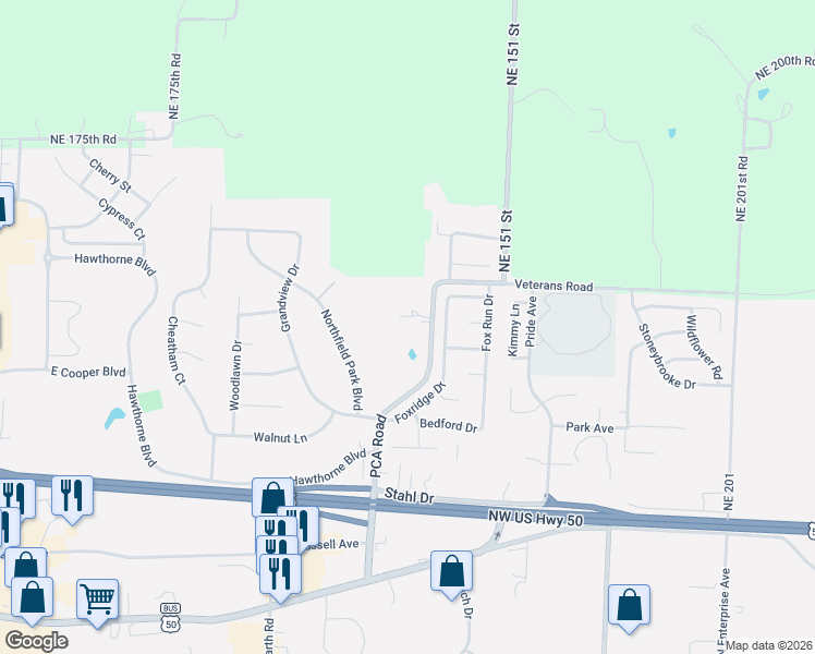 map of restaurants, bars, coffee shops, grocery stores, and more near 1012 PCA Road in Warrensburg