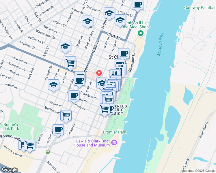 map of restaurants, bars, coffee shops, grocery stores, and more near 300 1st Capitol Drive in Saint Charles