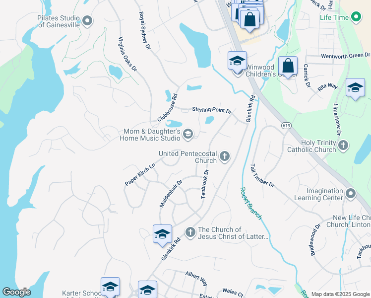 map of restaurants, bars, coffee shops, grocery stores, and more near 12032 Paper Birch Lane in Gainesville