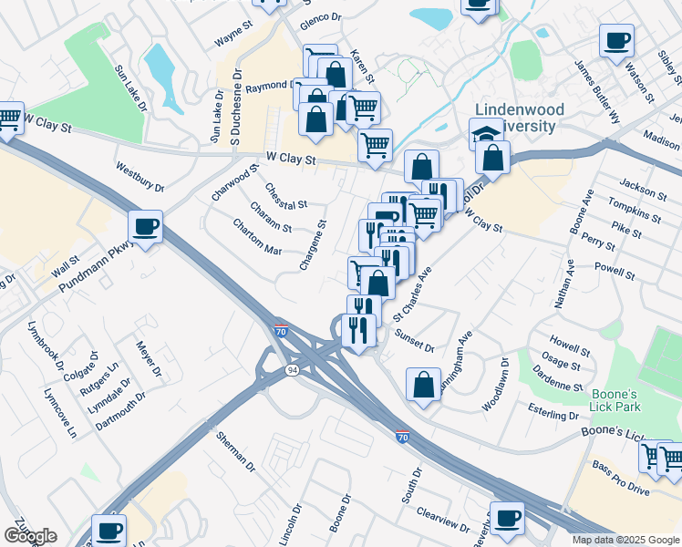 map of restaurants, bars, coffee shops, grocery stores, and more near 10 Bel Rae Court in Saint Charles