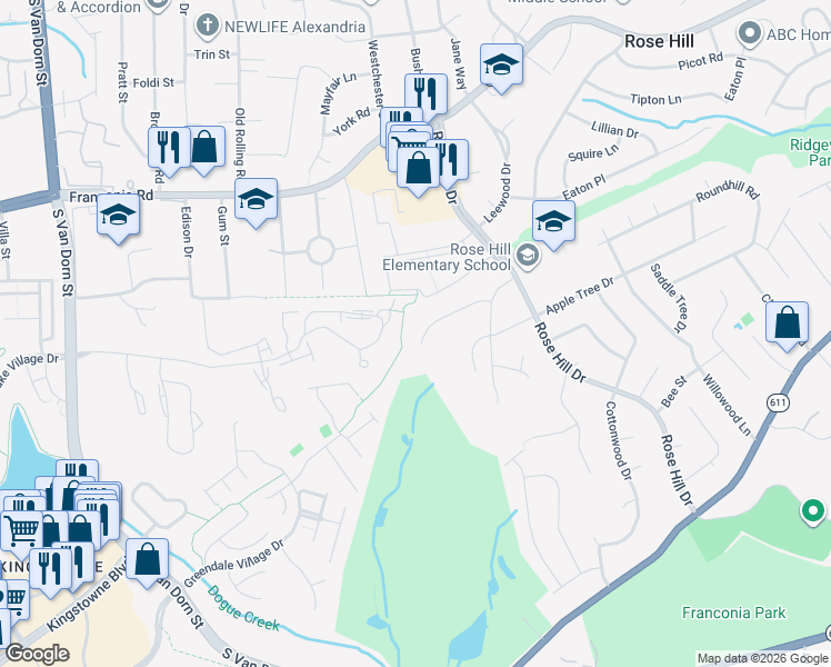 map of restaurants, bars, coffee shops, grocery stores, and more near 5012 Treetop Lane in Alexandria