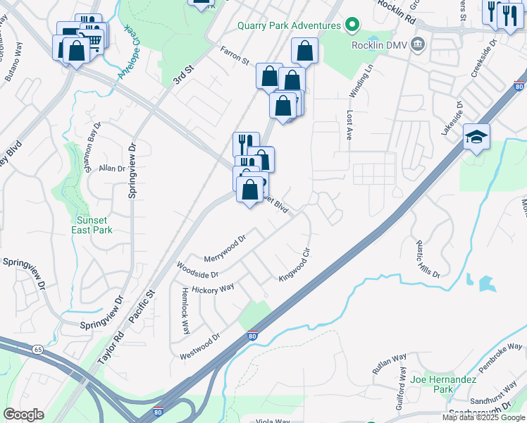 map of restaurants, bars, coffee shops, grocery stores, and more near 5804 Sequoia Court in Rocklin