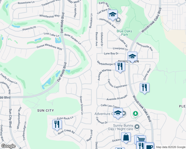 map of restaurants, bars, coffee shops, grocery stores, and more near 5752 Red Willow Lane in Roseville