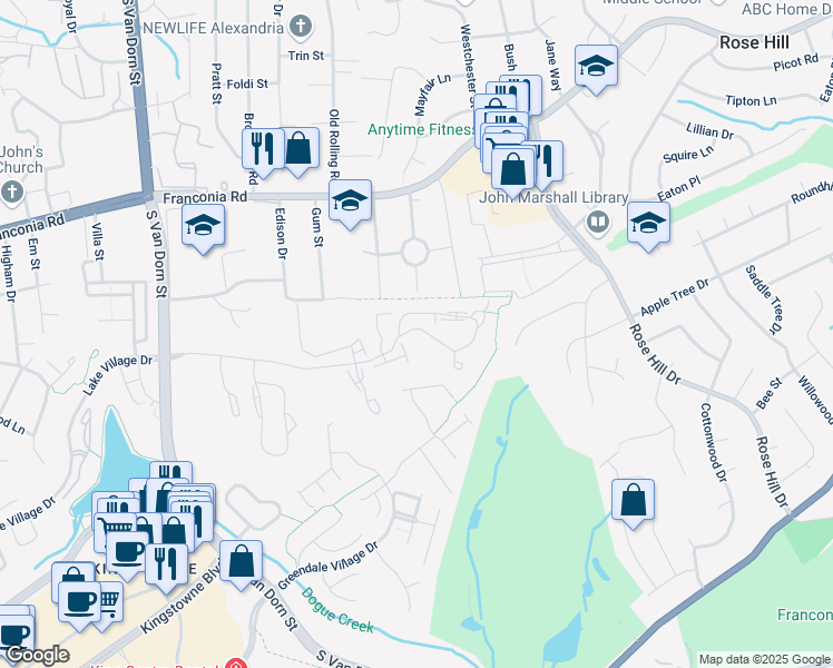 map of restaurants, bars, coffee shops, grocery stores, and more near 5113 Ballycastle Circle in Alexandria