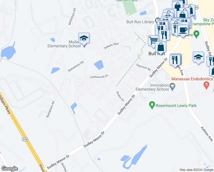 map of restaurants, bars, coffee shops, grocery stores, and more near 8145 Bayonet Way in Manassas