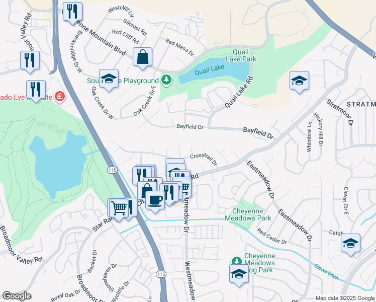 map of restaurants, bars, coffee shops, grocery stores, and more near 905 Crosstrail Drive in Colorado Springs
